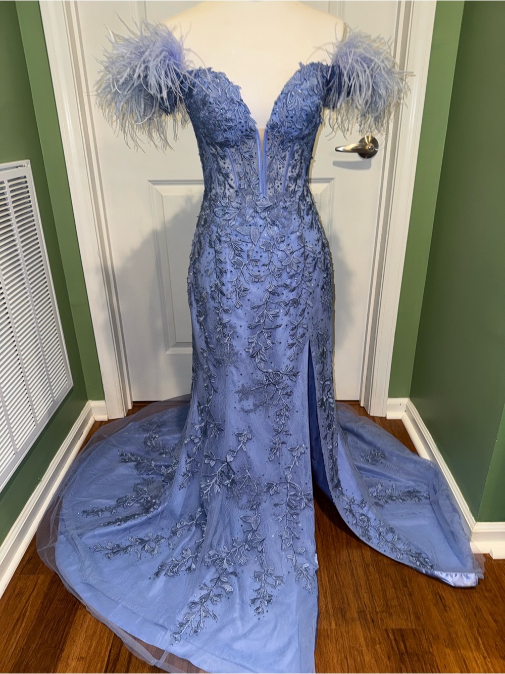 Sherri Hill Periwinkle Feather Off-Shoulder Embellished Prom Gown